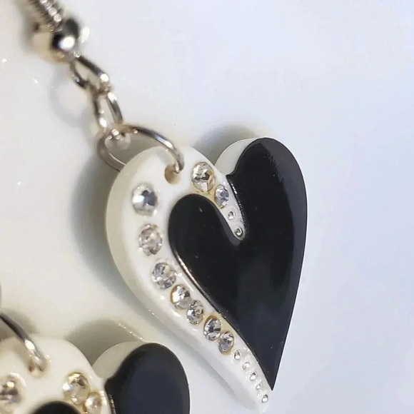 Vintage Y2K White Black Lucite Austrian Crystal Asymmetrical Heart Earrings - Picture 9 of 9